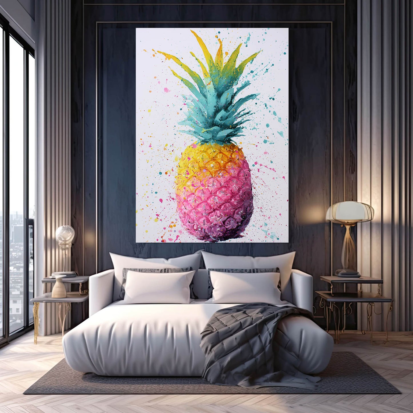 Watercolor Pineapple Fruit Canvas – styled in a furnished interior