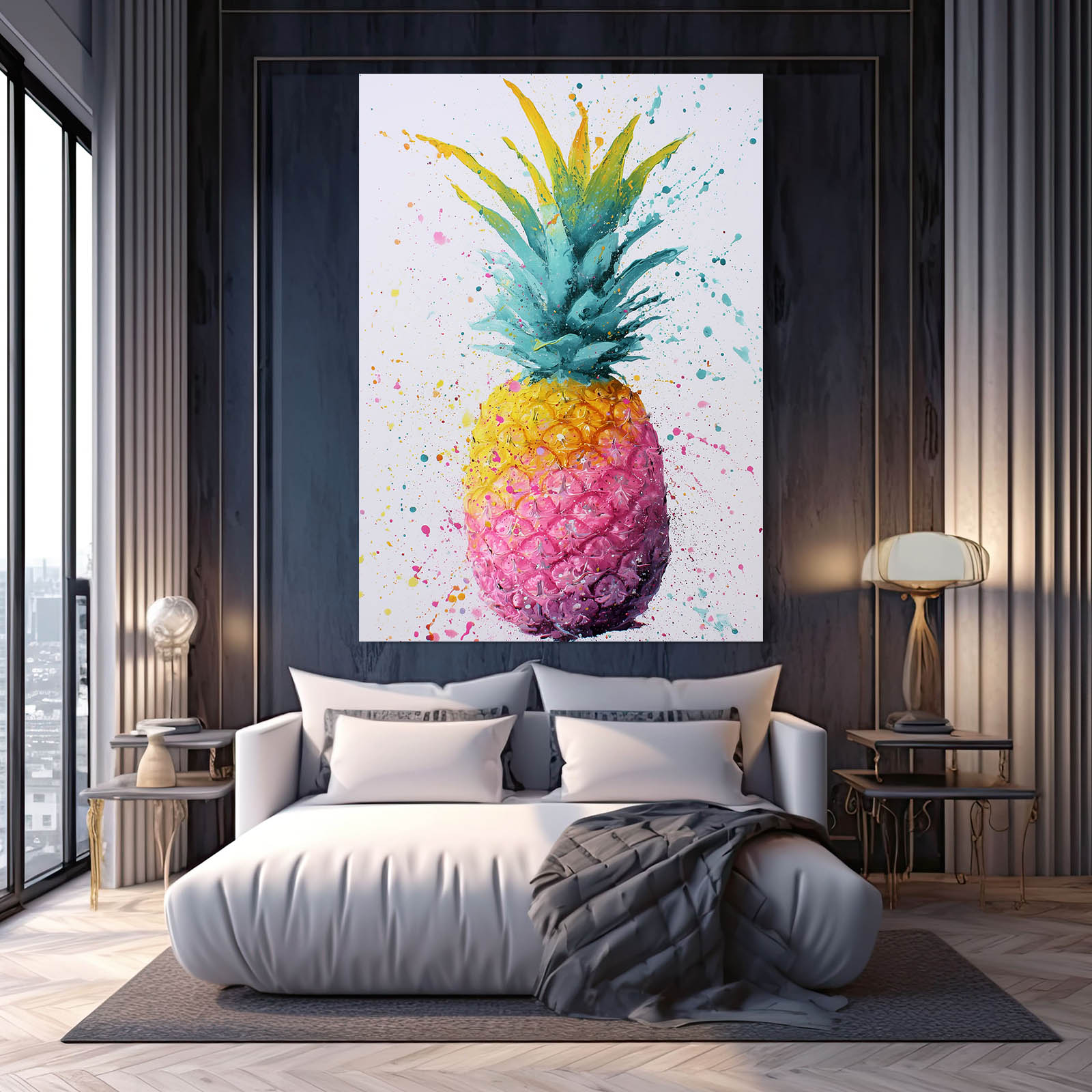 Watercolor Pineapple Fruit Canvas – styled in a furnished interior