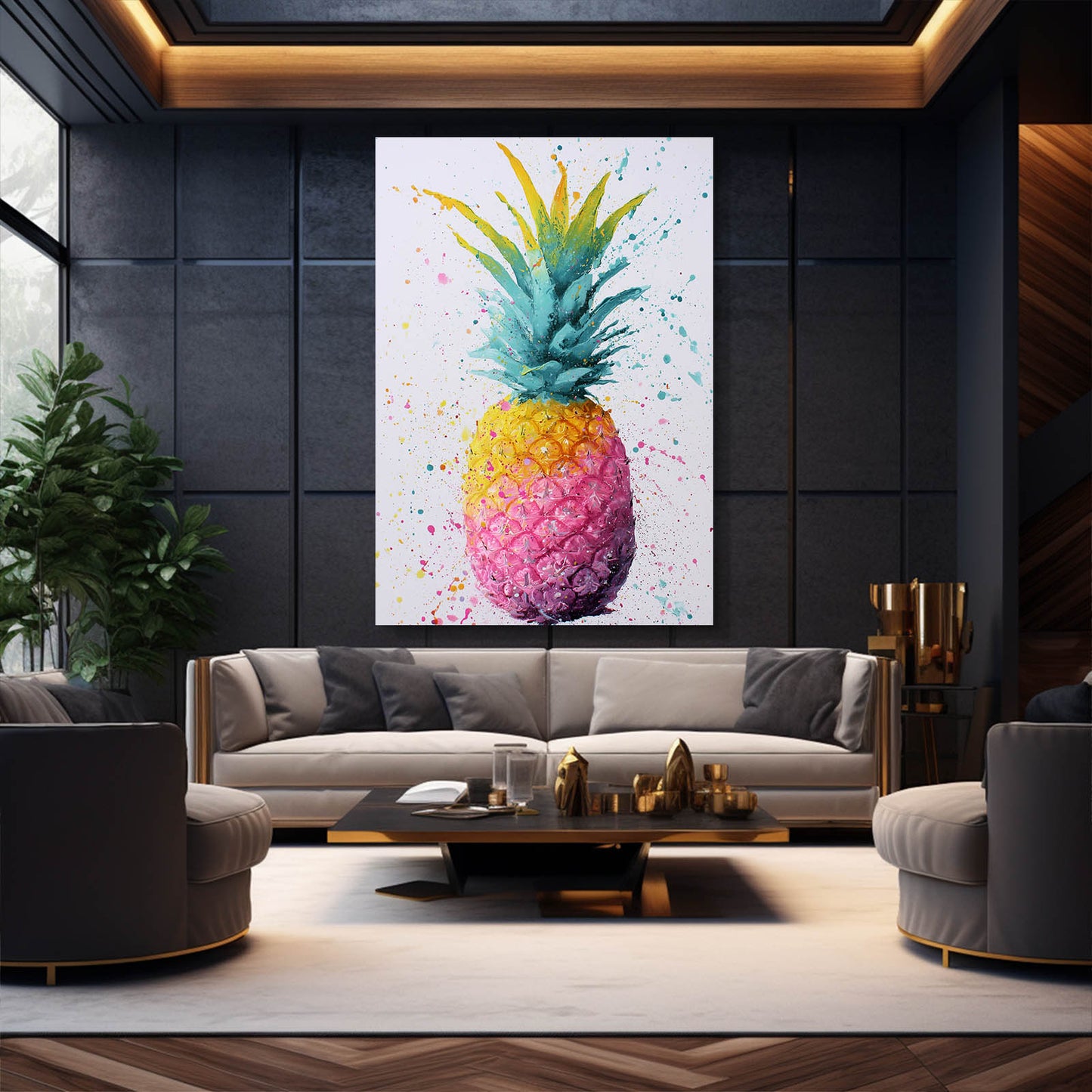 Watercolor Pineapple Fruit Canvas – styled in a furnished interior