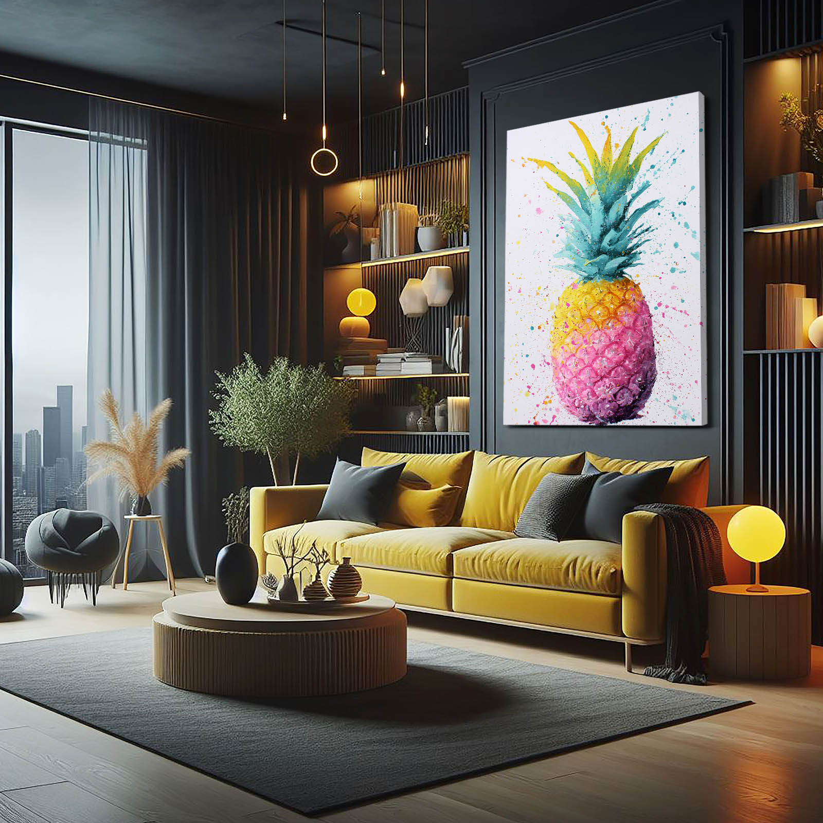 Watercolor Pineapple Fruit Canvas – styled in a furnished interior
