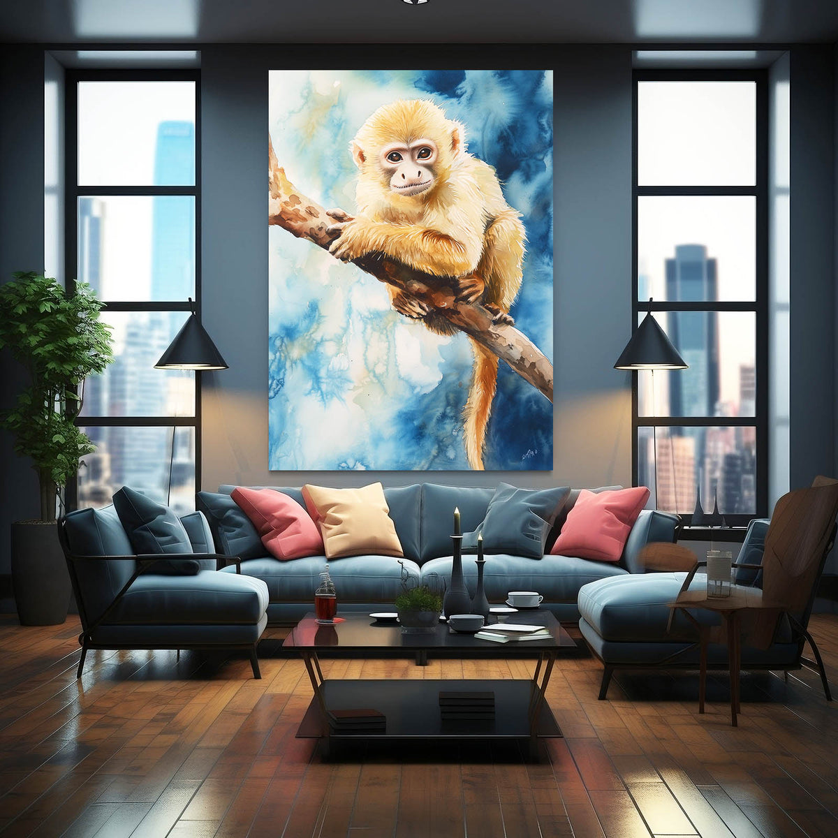 Watercolor Snow Branch Monkey Wall Art — watercolor canvas print, styled in a furnished interior