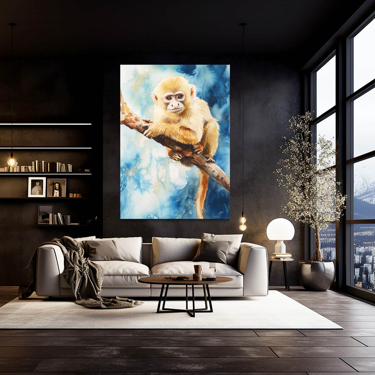 Watercolor Snow Branch Monkey Wall Art — watercolor canvas print, styled in a furnished interior