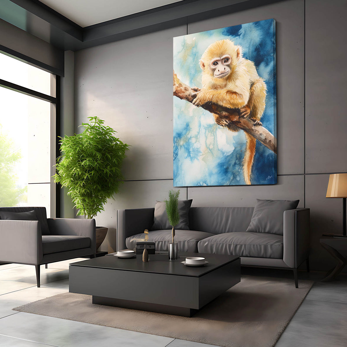 Watercolor Snow Branch Monkey Wall Art — watercolor canvas print, styled in a furnished interior