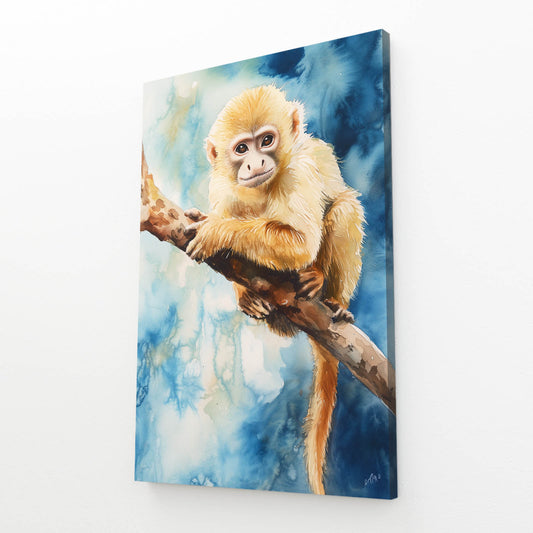 Watercolor Snow Branch Monkey Wall Art – angled canvas view on white background