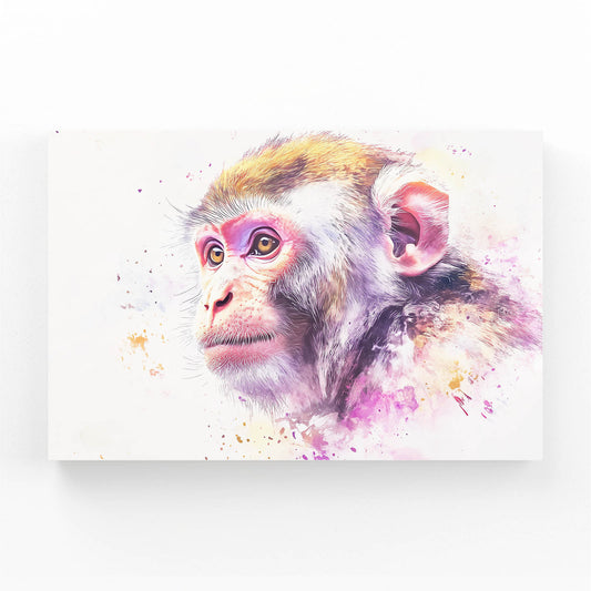 Watercolor Splash Bloom Monkey Wall Art – angled canvas view on white background