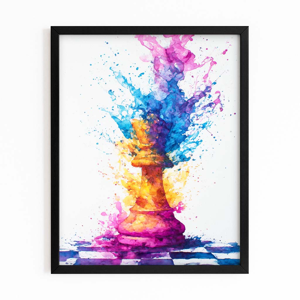 Watercolor Splash King Chess Wall Art – with Premium Black frame on white background