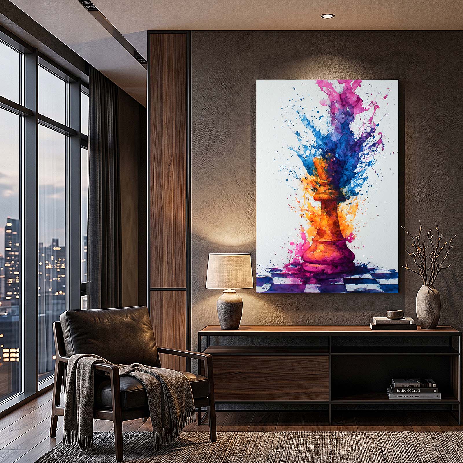 Watercolor Splash King Chess Wall Art – styled in a furnished interior