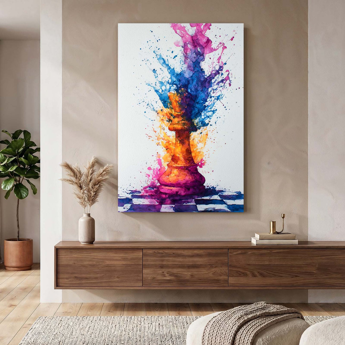 Watercolor Splash King Chess Wall Art – styled in a furnished interior