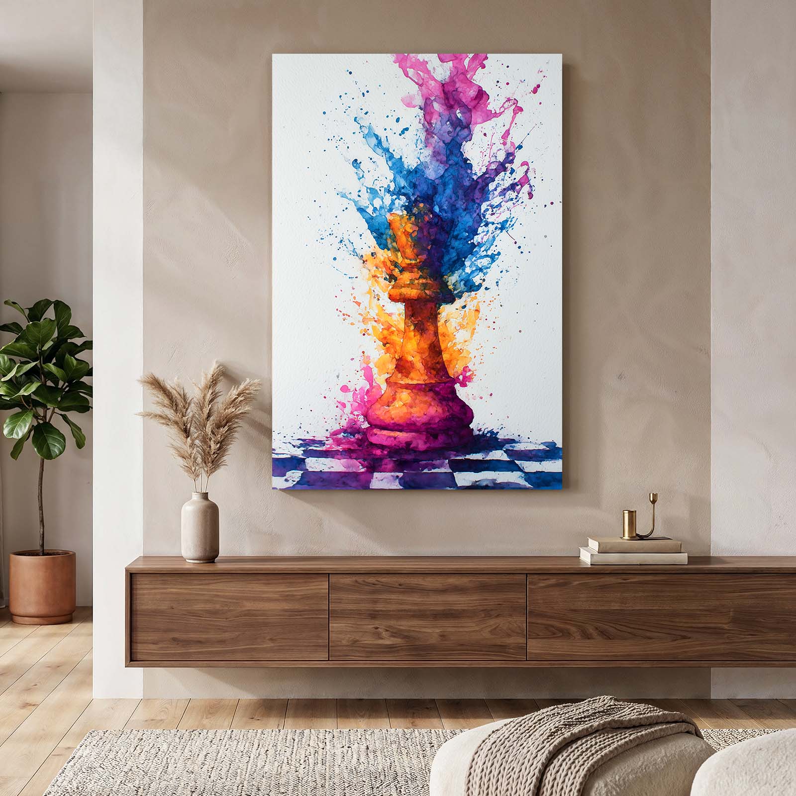 Watercolor Splash King Chess Wall Art – styled in a furnished interior