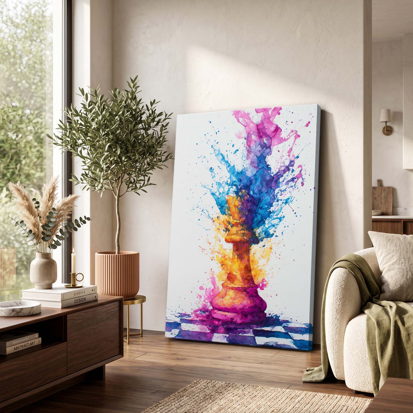 Watercolor Splash King Chess Wall Art – styled in a furnished interior
