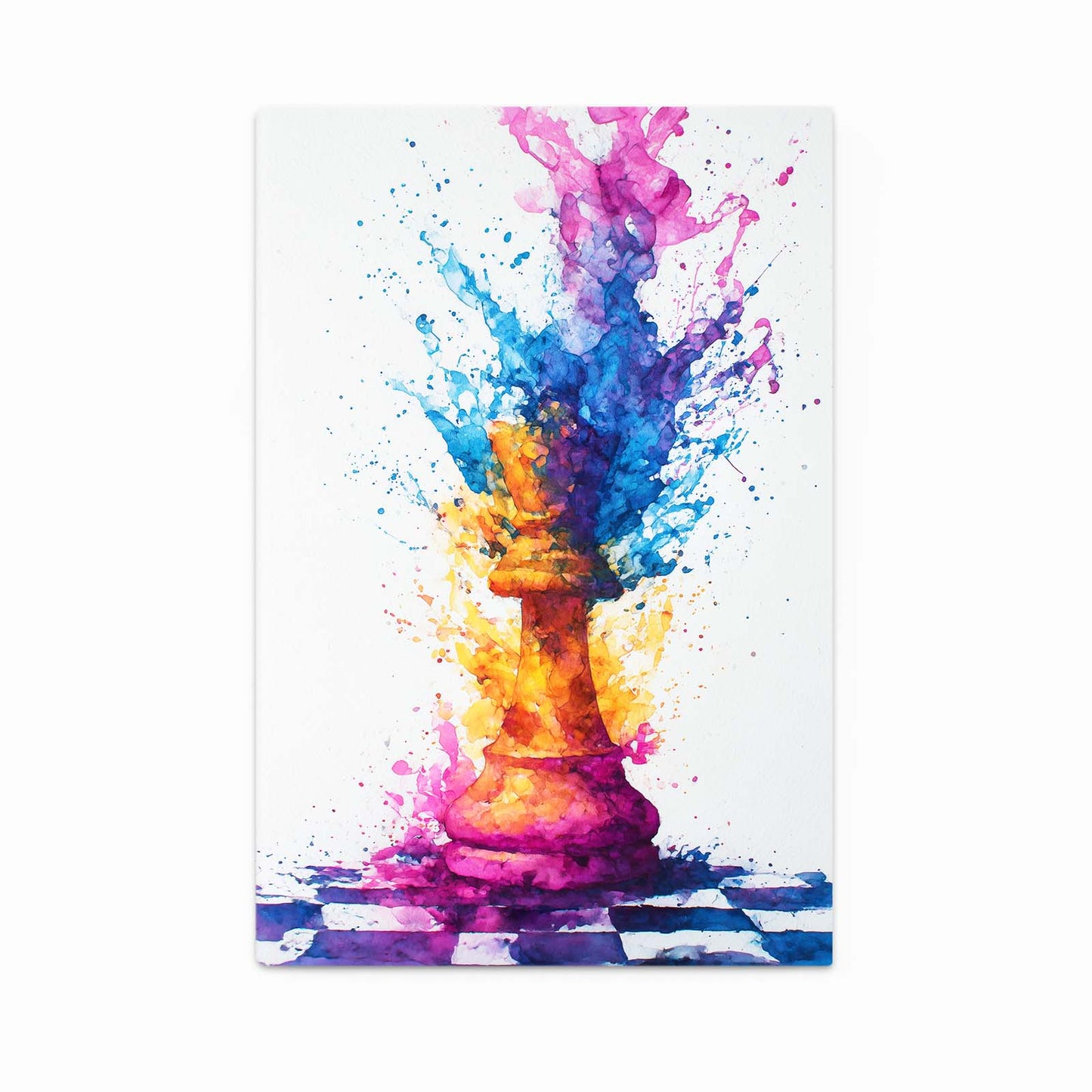 Watercolor Splash King Chess Wall Art – angled canvas view on white background