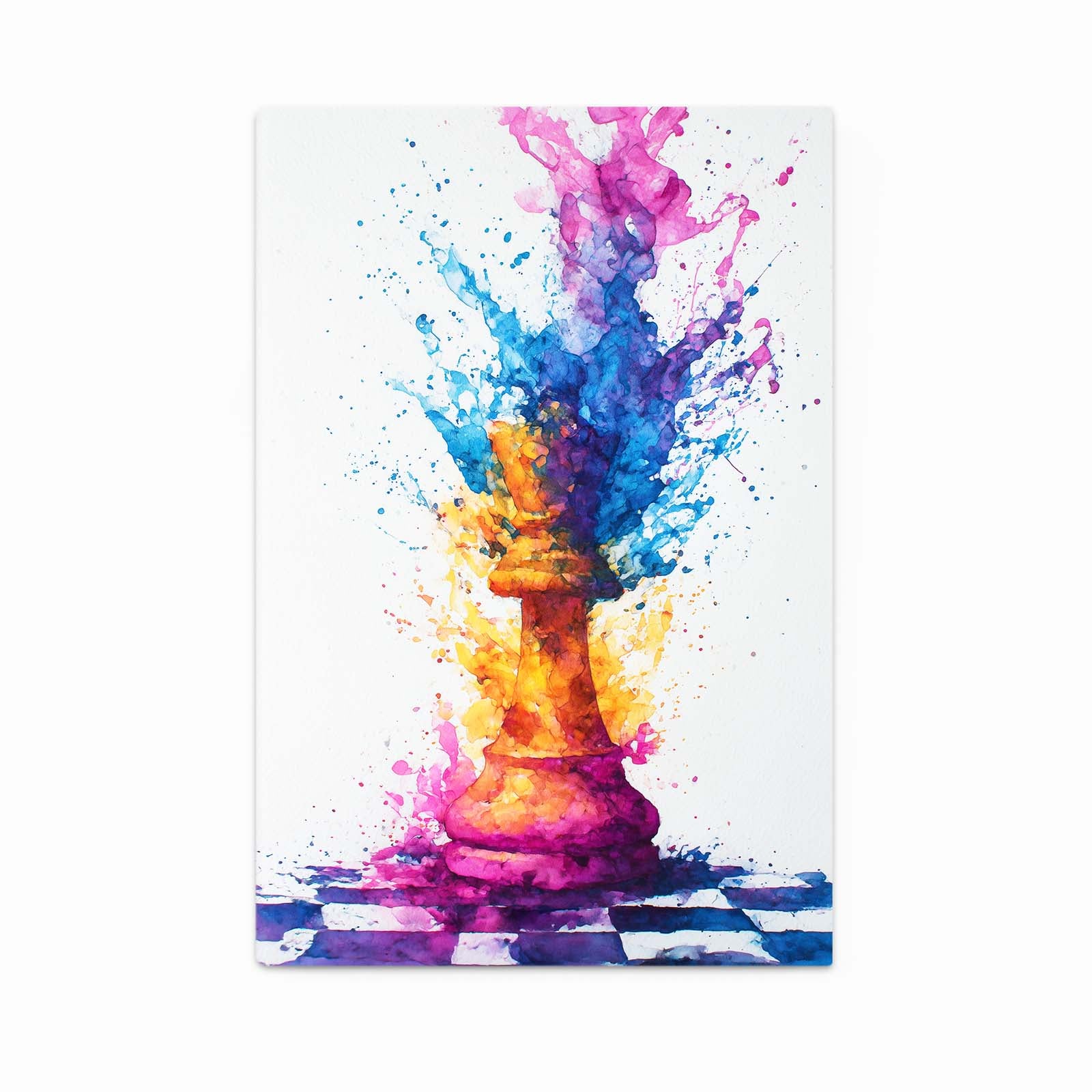 Watercolor Splash King Chess Wall Art – angled canvas view on white background