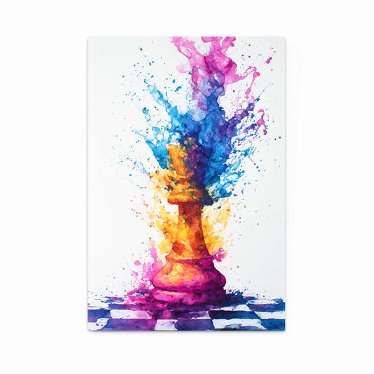 Watercolor Splash King Chess Wall Art – angled canvas view on white background