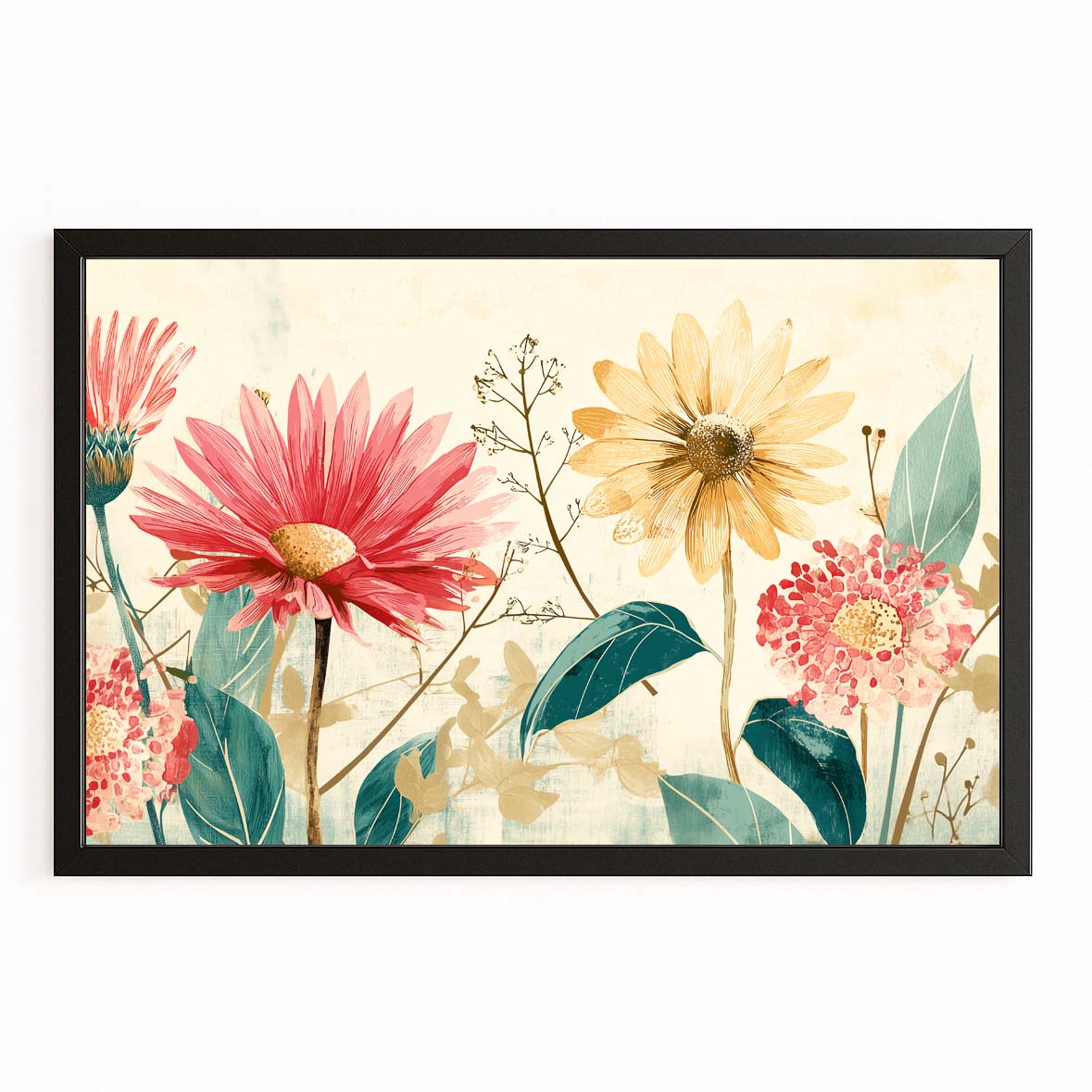 Watercolor Wildflowers Farmhouse Prints – with Premium Black frame on white background