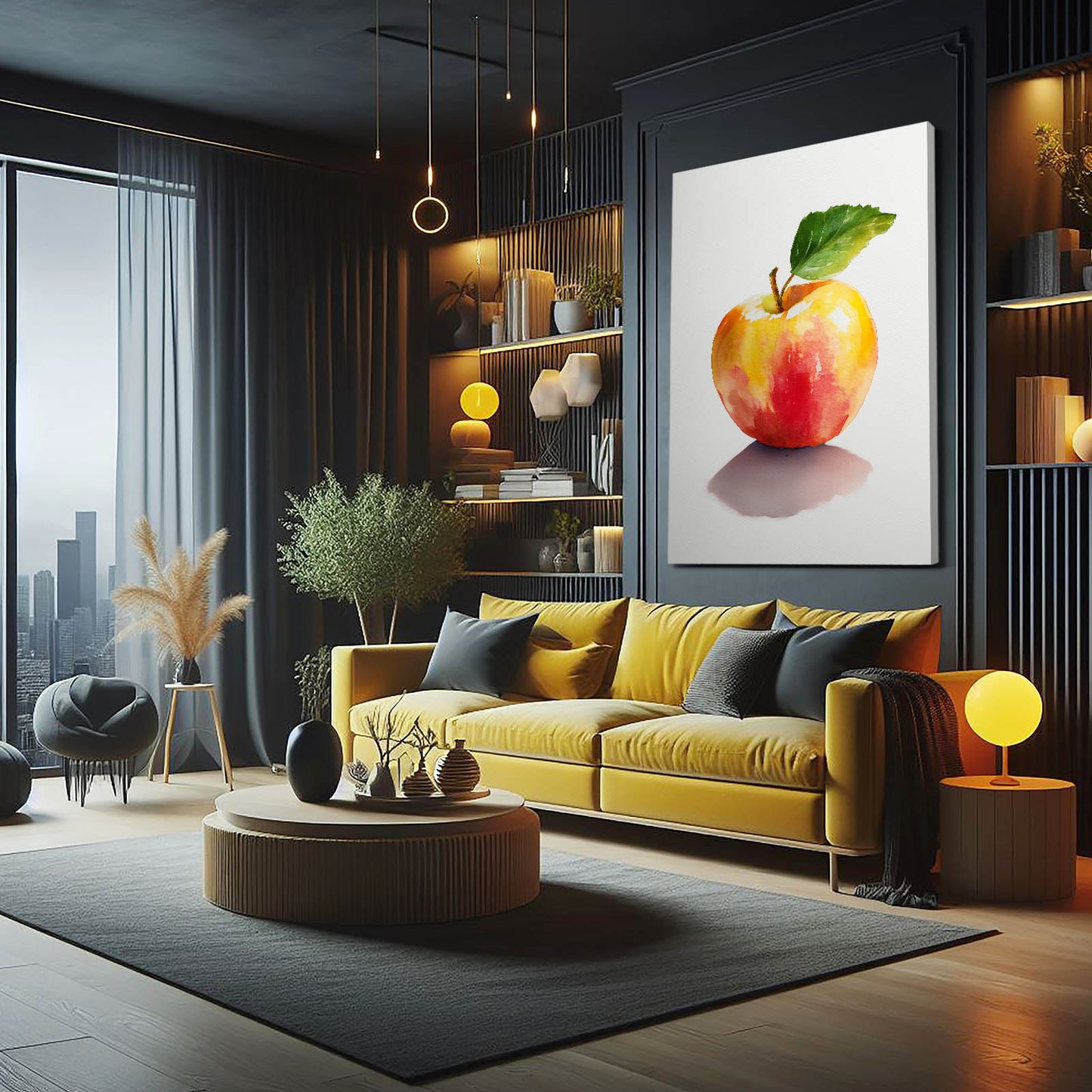 Watercolor Yellow Apple Prints – styled in a furnished interior