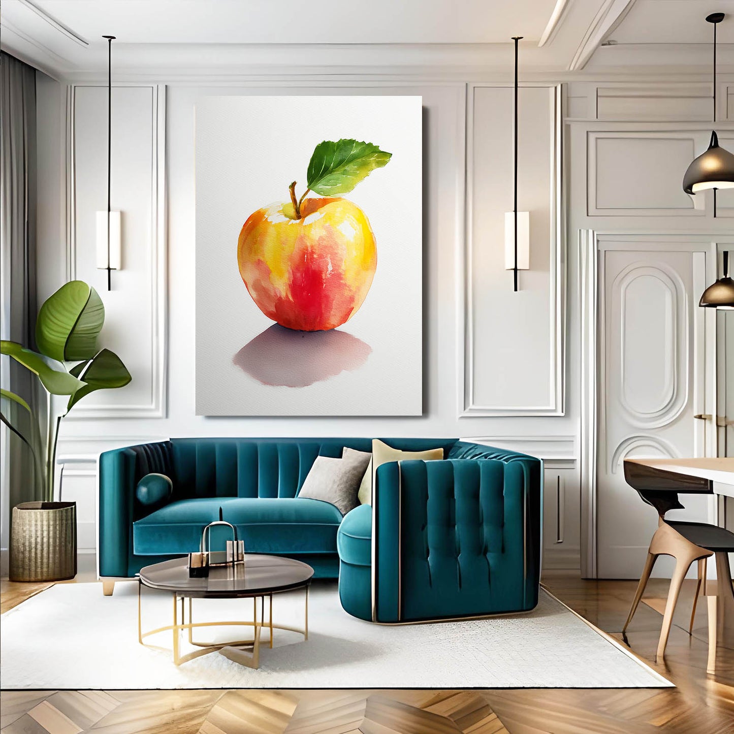 Watercolor Yellow Apple Prints – styled in a furnished interior
