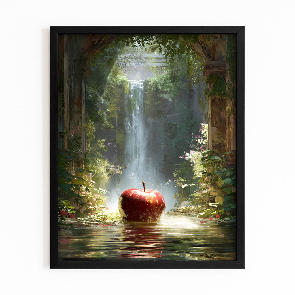 Waterfall Grotto Apple Canvas Art – with Premium Black frame on white background