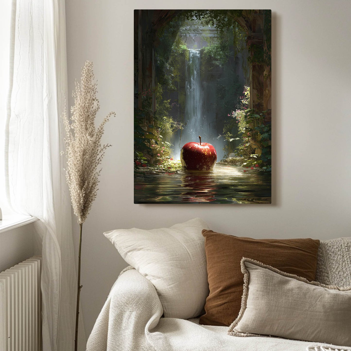 Waterfall Grotto Apple Canvas Art – styled in a furnished interior