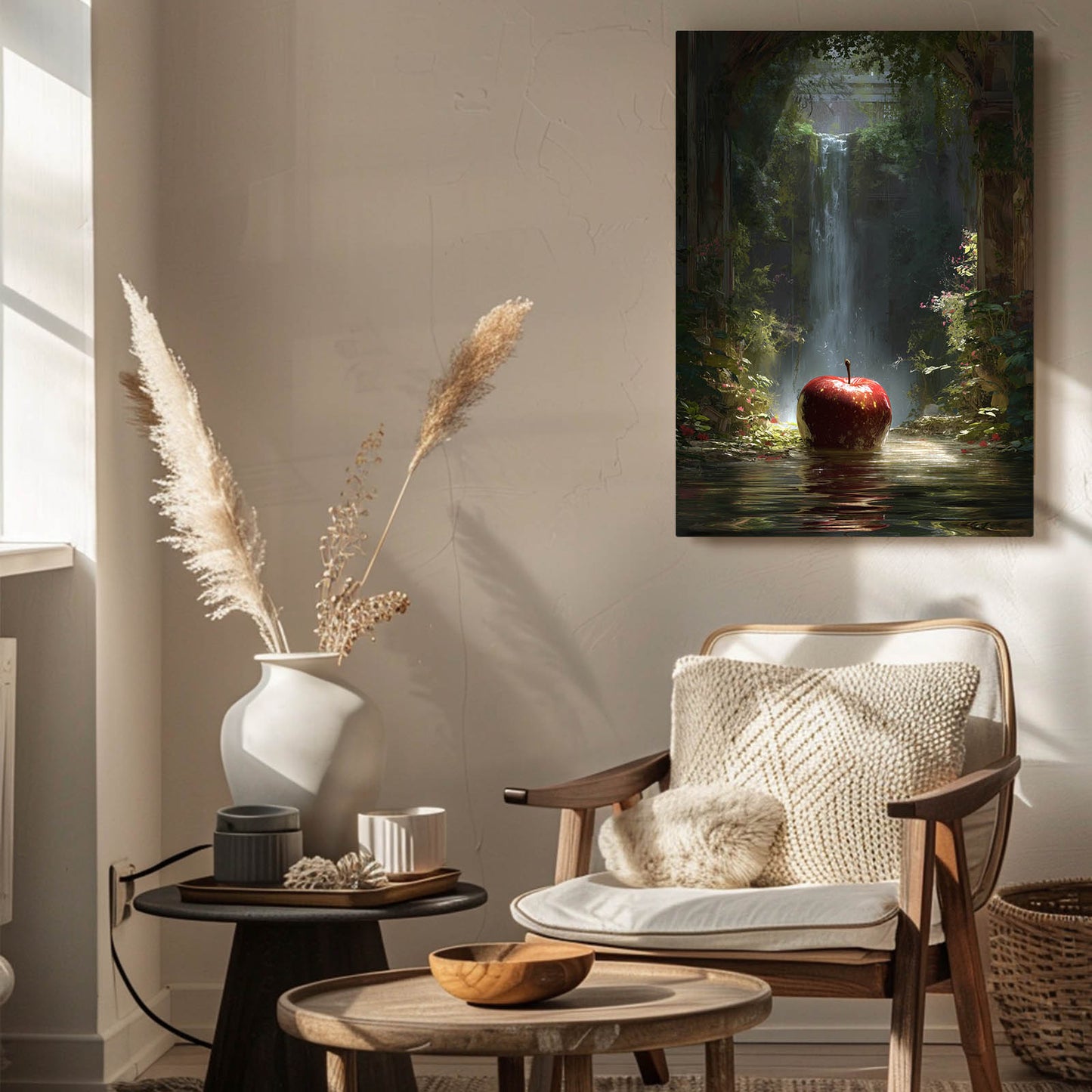 Waterfall Grotto Apple Canvas Art – styled in a furnished interior