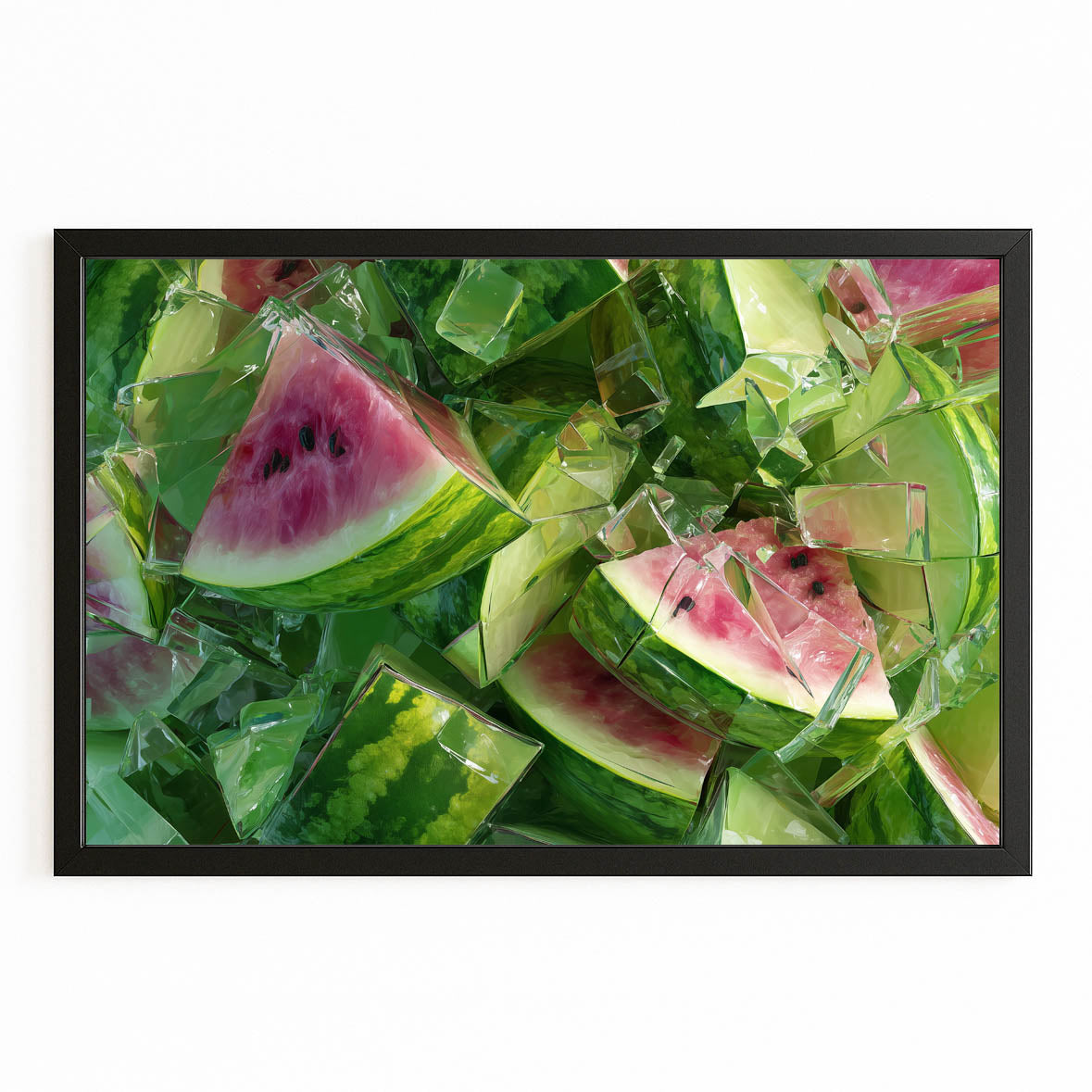Watermelon Chunks Fresh Fruit Canvas – with Premium Black frame on white background