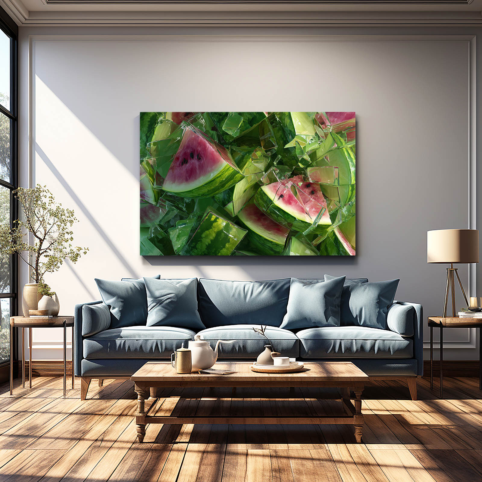 Watermelon Chunks Fresh Fruit Canvas – styled in a furnished interior
