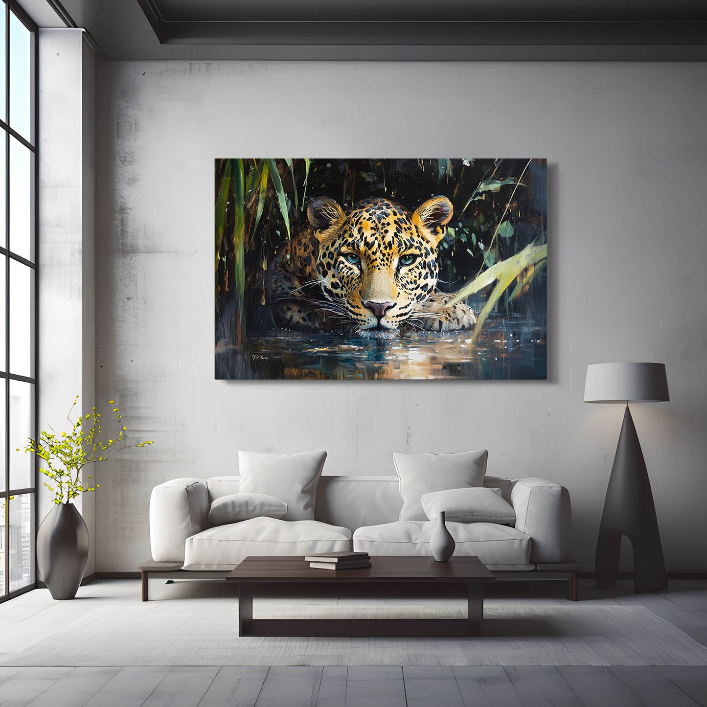 Waterside Reflection Leopard Canvas – styled in a furnished interior