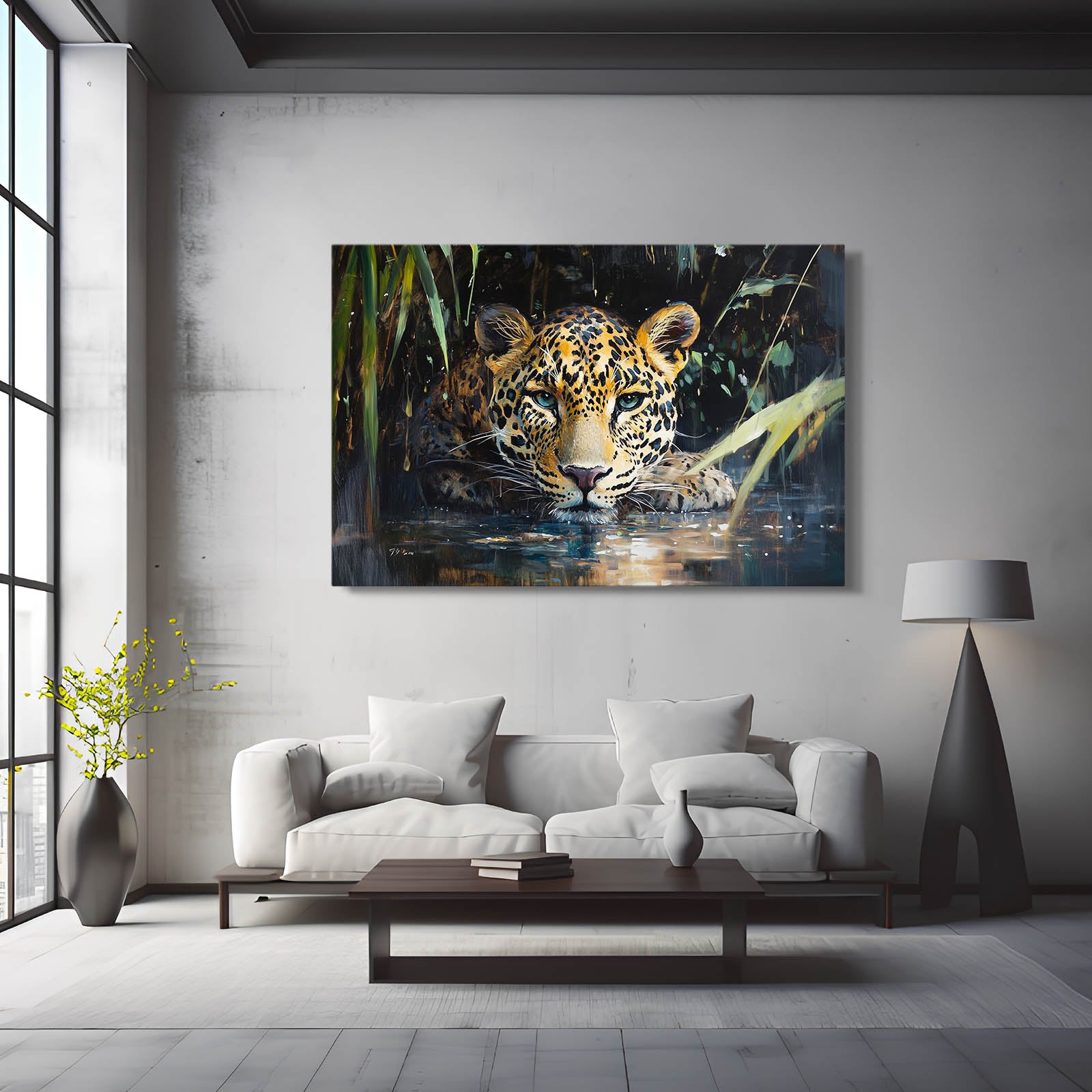 Waterside Reflection Leopard Canvas – styled in a furnished interior