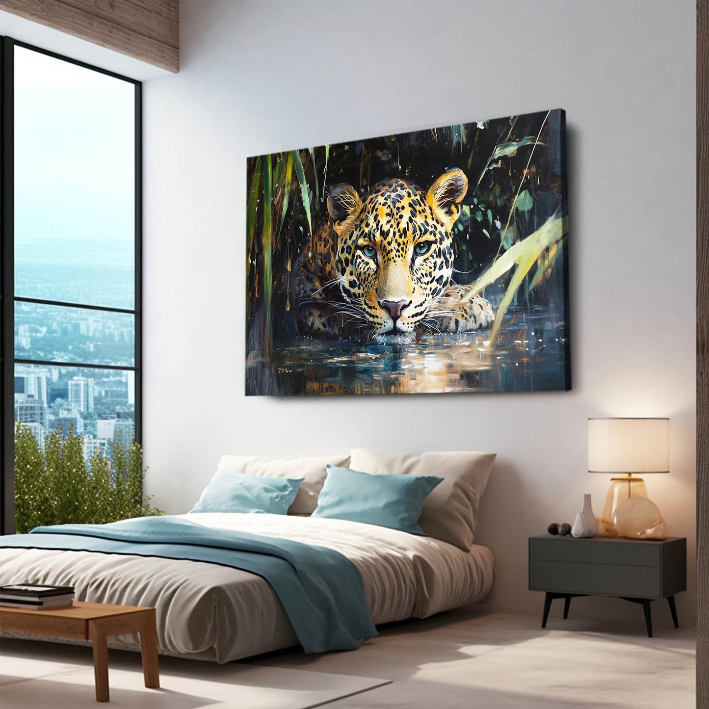 Waterside Reflection Leopard Canvas – styled in a furnished interior