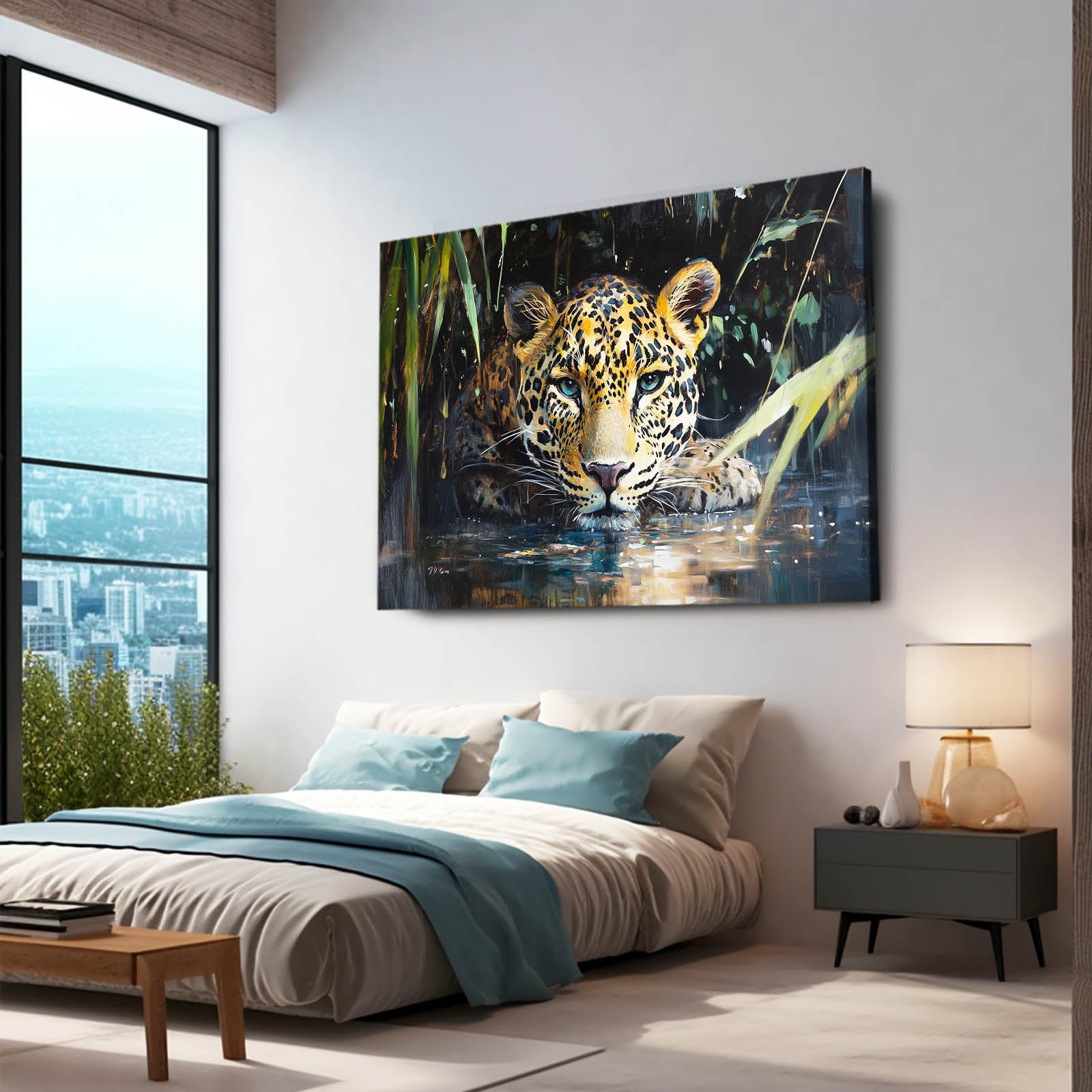 Waterside Reflection Leopard Canvas – styled in a furnished interior