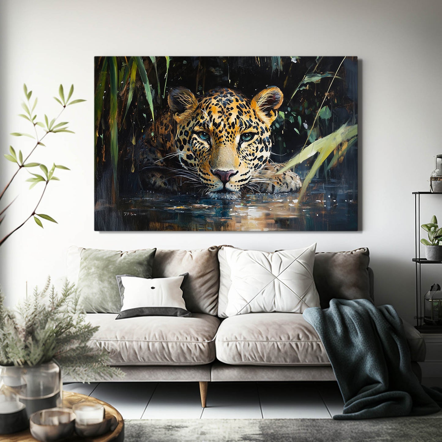 Waterside Reflection Leopard Canvas – styled in a furnished interior