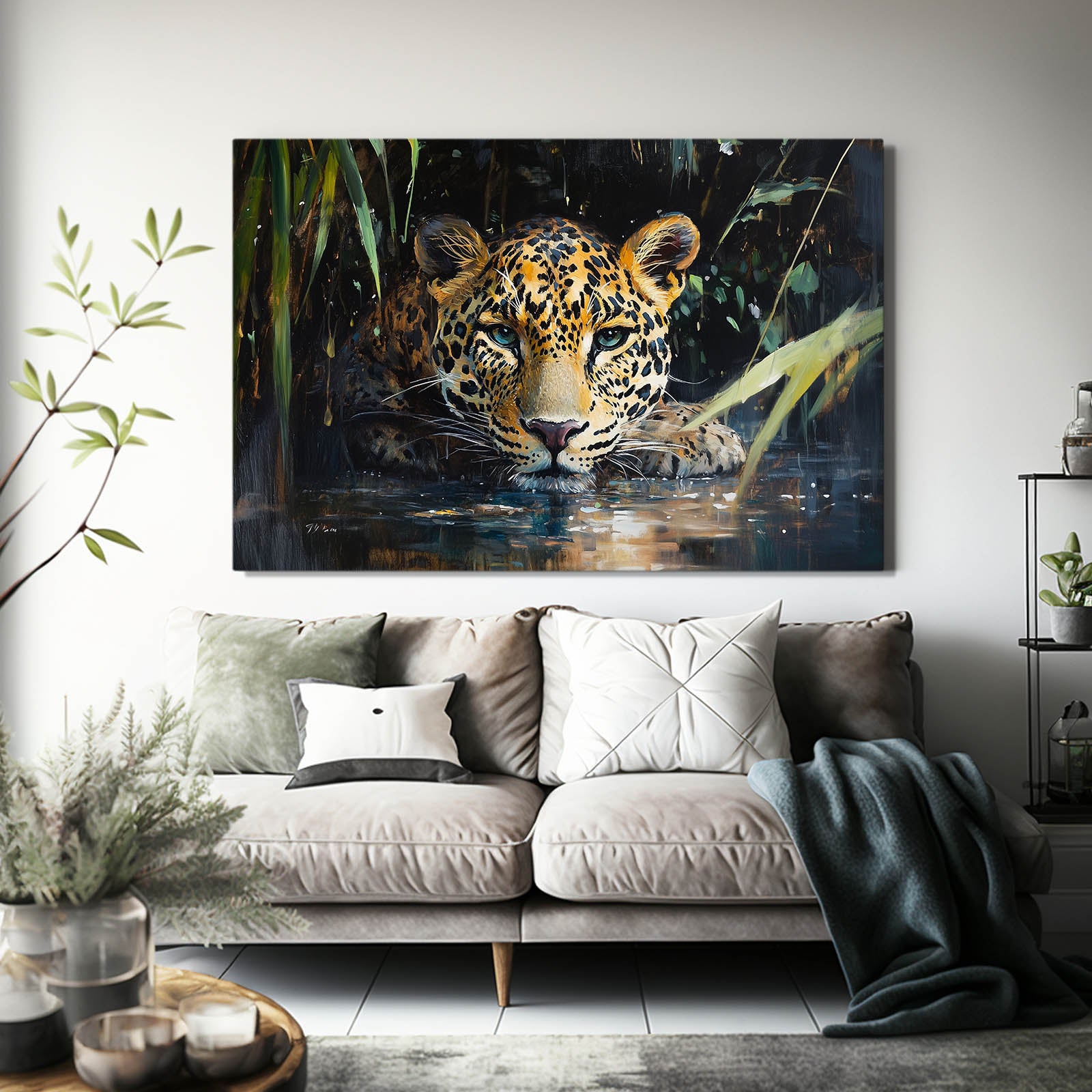 Waterside Reflection Leopard Canvas – styled in a furnished interior