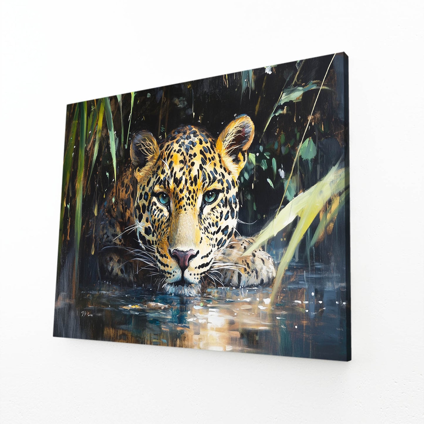 Waterside Reflection Leopard Canvas – angled canvas view on white background