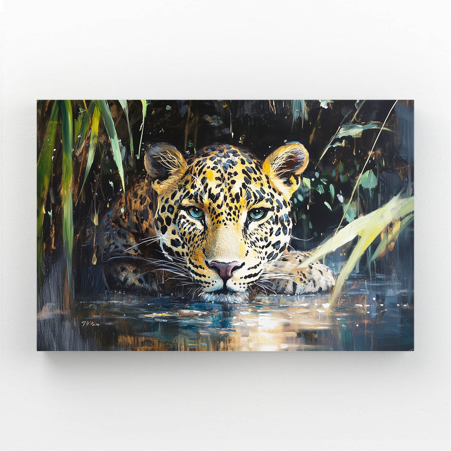 Waterside Reflection Leopard Canvas — watercolor canvas print, angled canvas view on white background