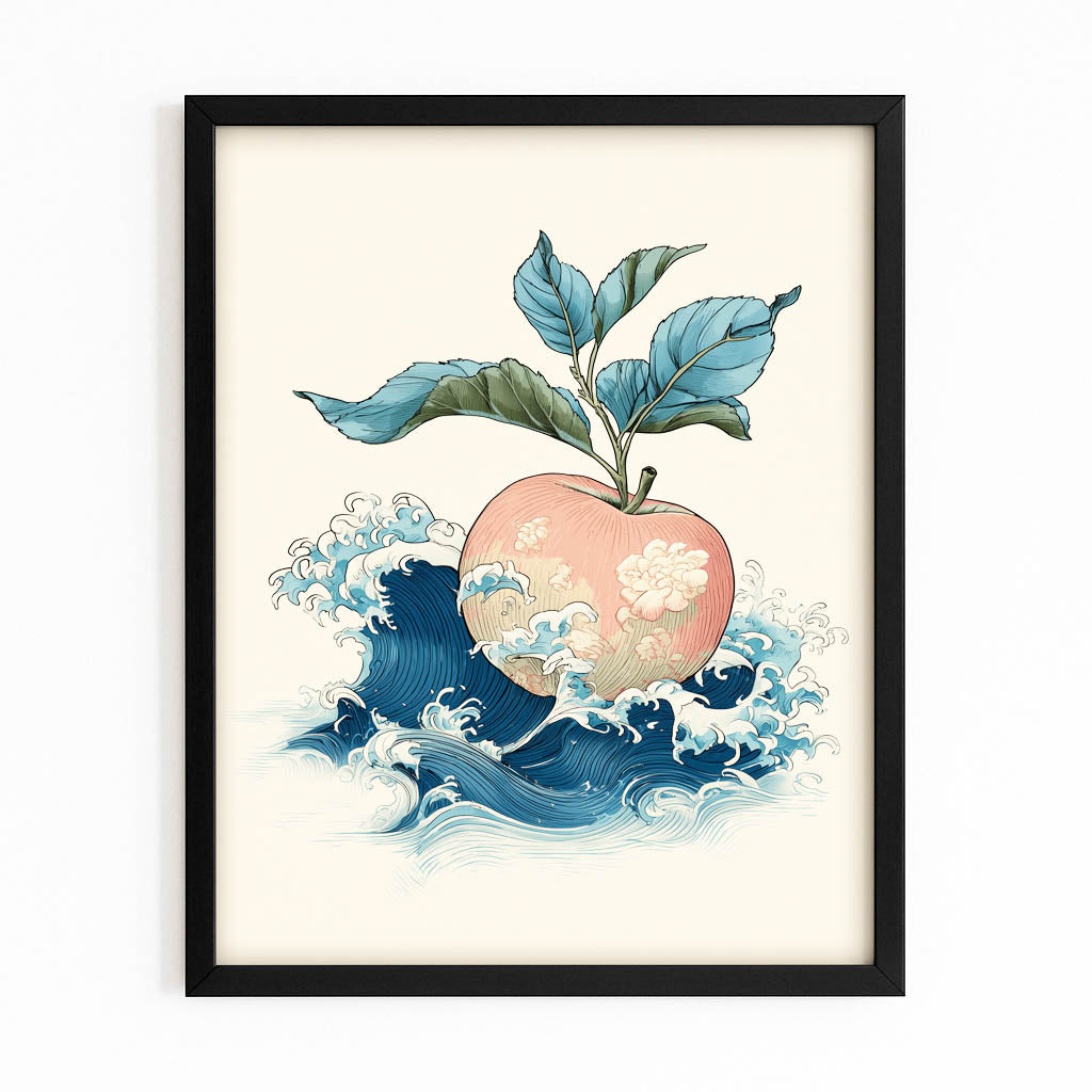 Wave And Blossom Apple Canvas Art – with Premium Black frame on white background