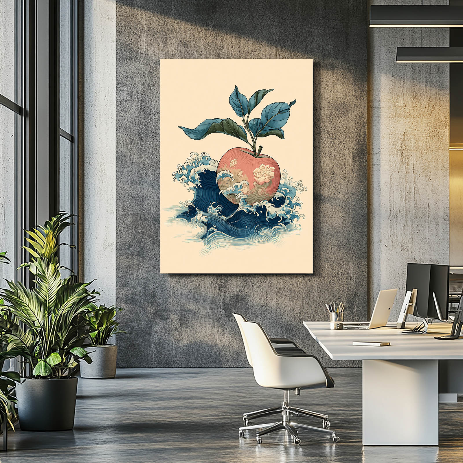 Wave And Blossom Apple Canvas Art – styled in a furnished interior