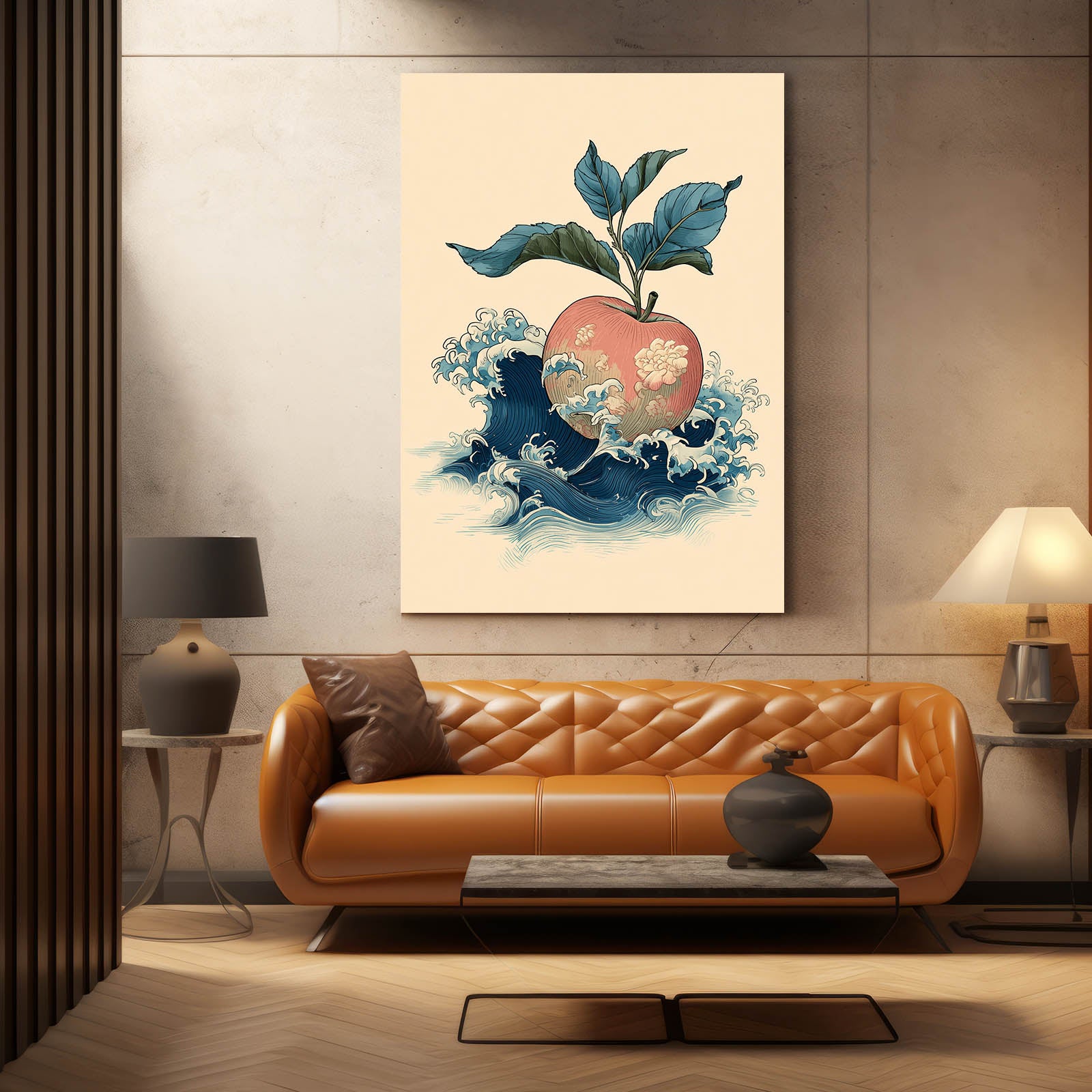 Wave And Blossom Apple Canvas Art – styled in a furnished interior