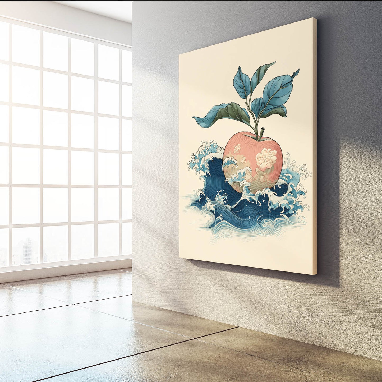 Wave And Blossom Apple Canvas Art – styled in a furnished interior