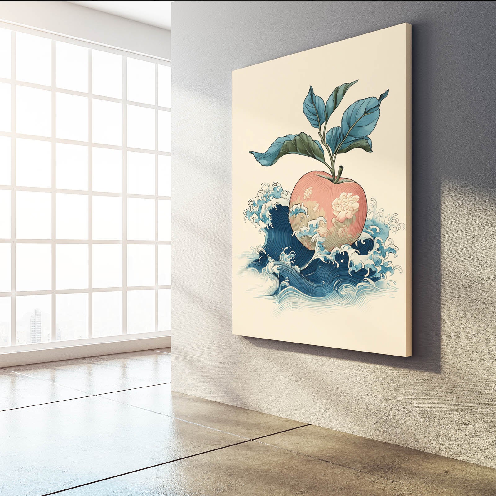 Wave And Blossom Apple Canvas Art – styled in a furnished interior