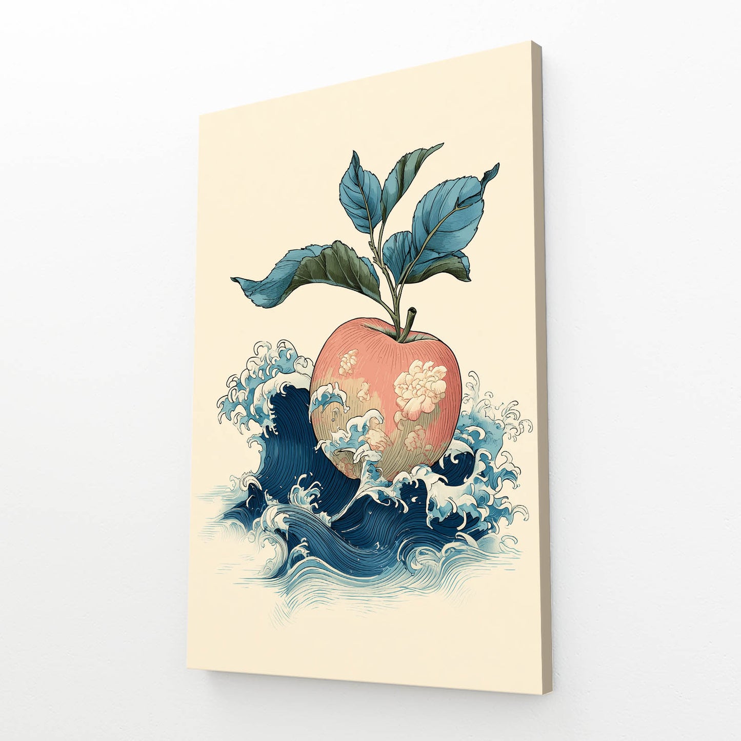 Wave And Blossom Apple Canvas Art – angled canvas view on white background