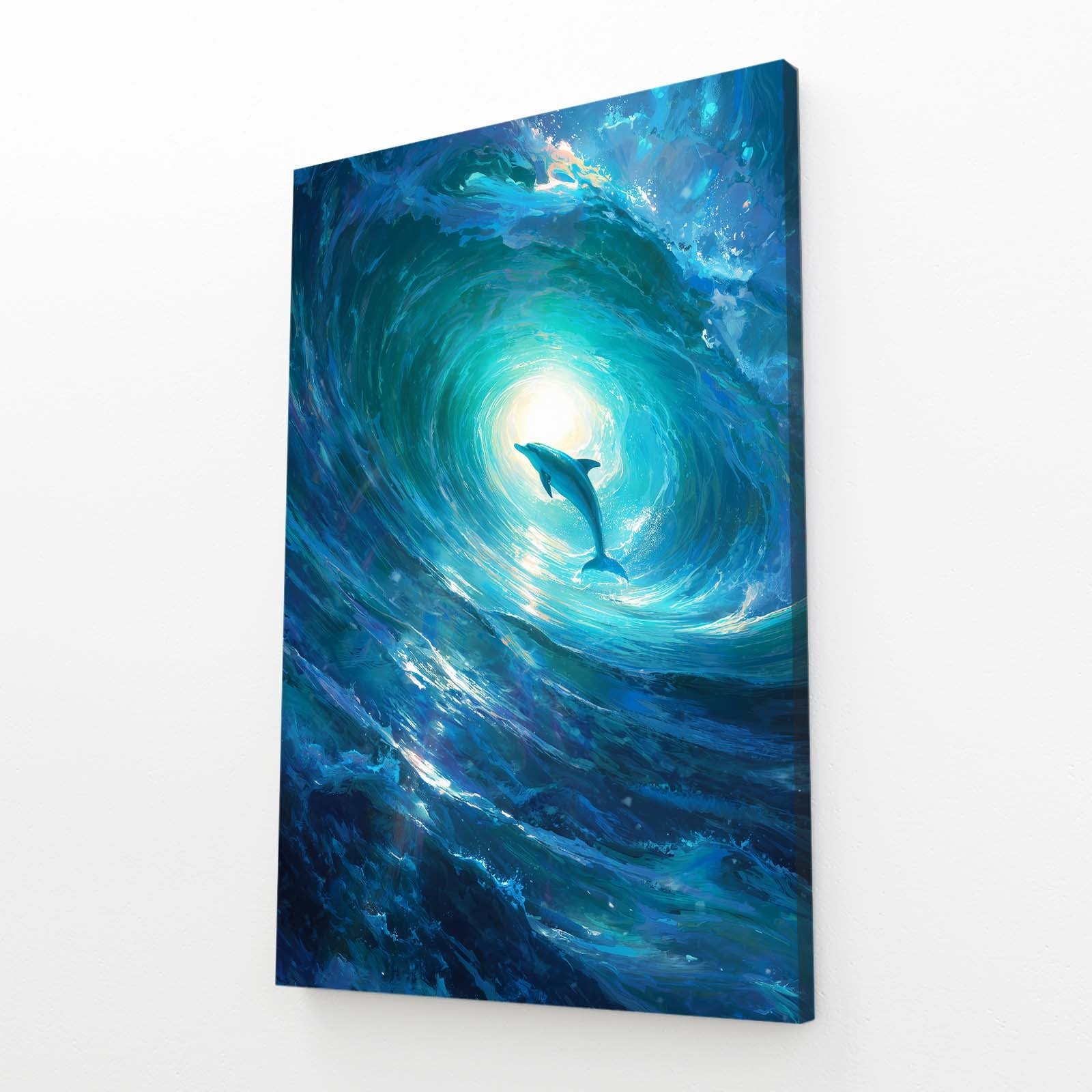 Wave Barrel Dolphin Art – angled canvas view on white background