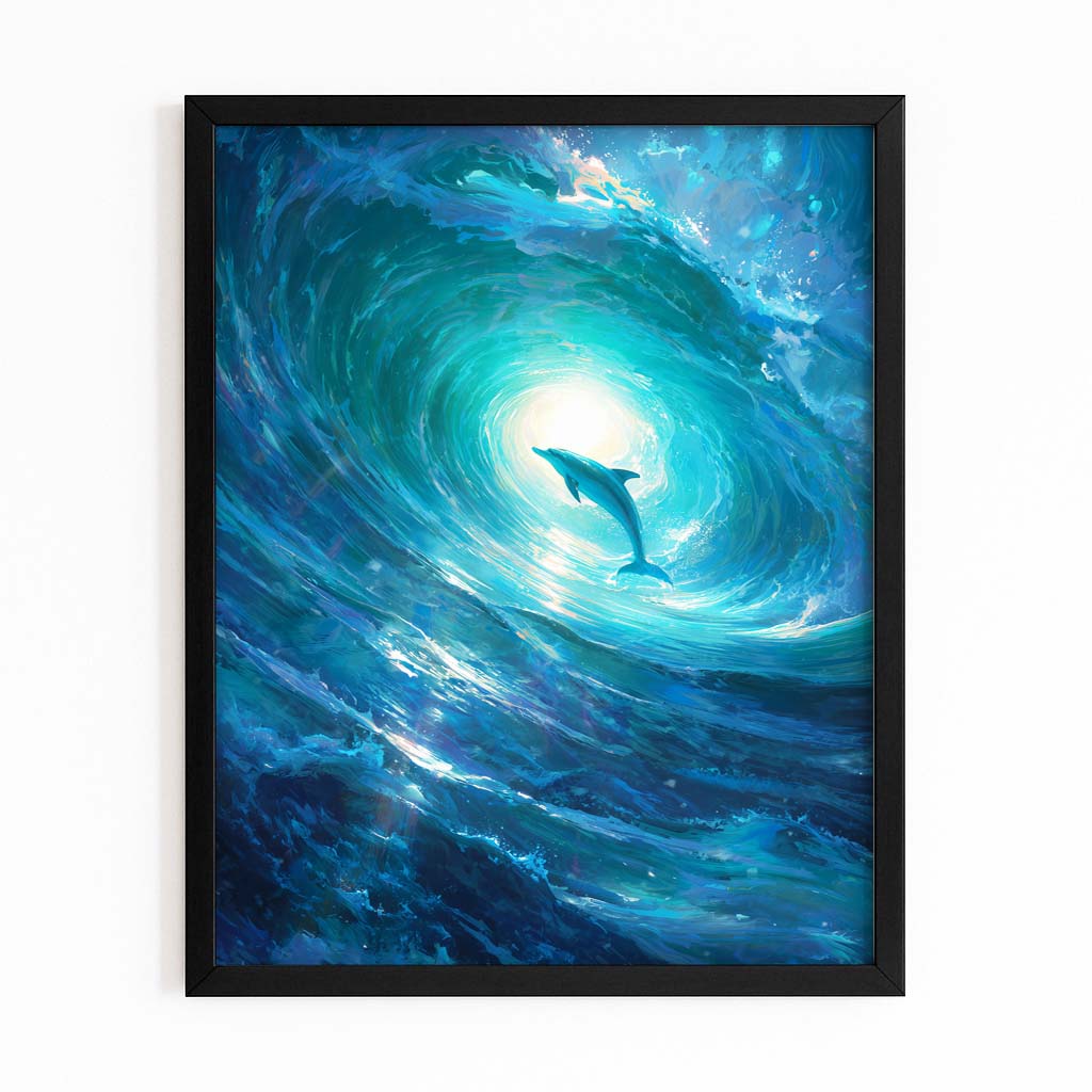 Wave Barrel Dolphin Art – with Premium Black wood frame on white background