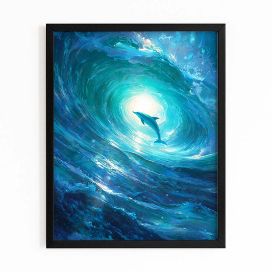 Wave Barrel Dolphin Art – with Premium Black wood frame on white background
