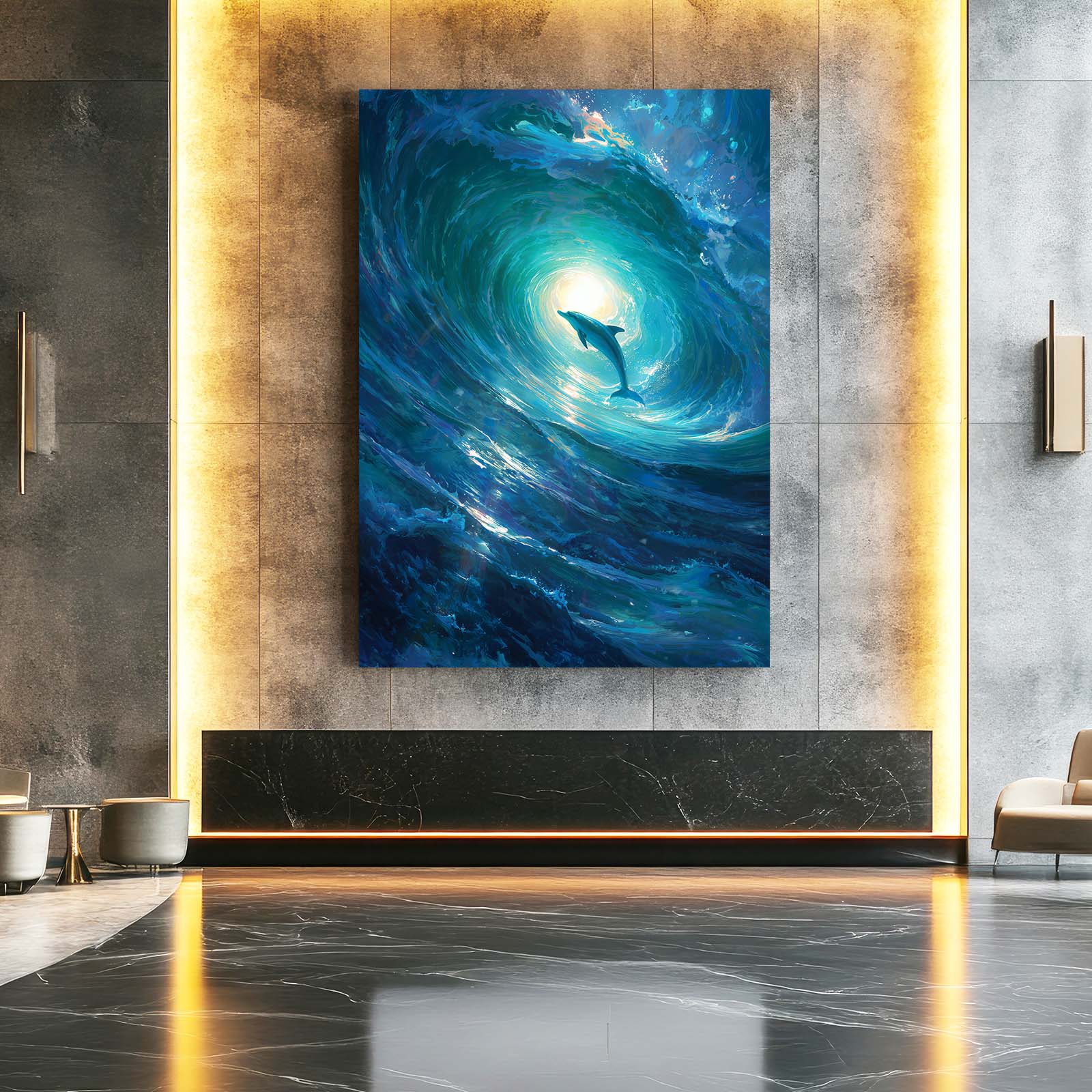 Wave Barrel Dolphin Art – styled in a furnished interior