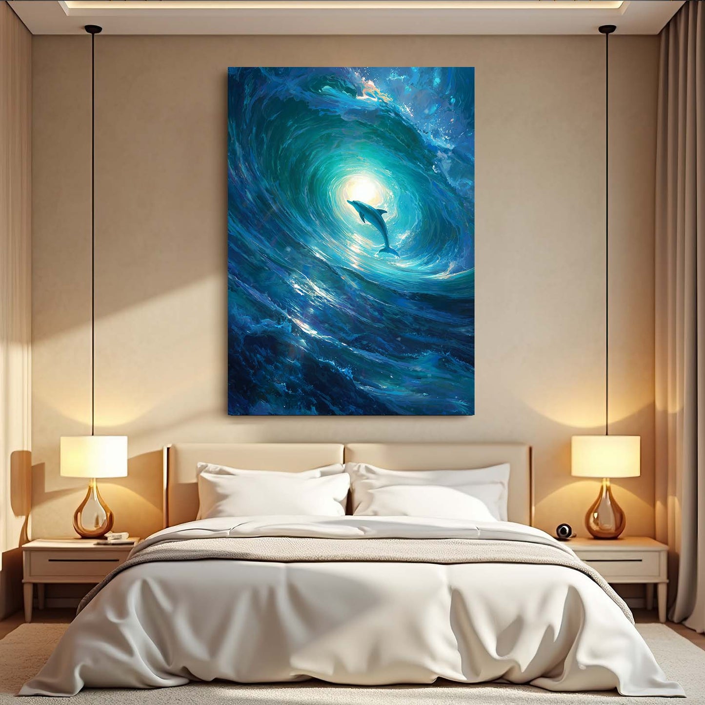 Wave Barrel Dolphin Art – styled in a furnished interior