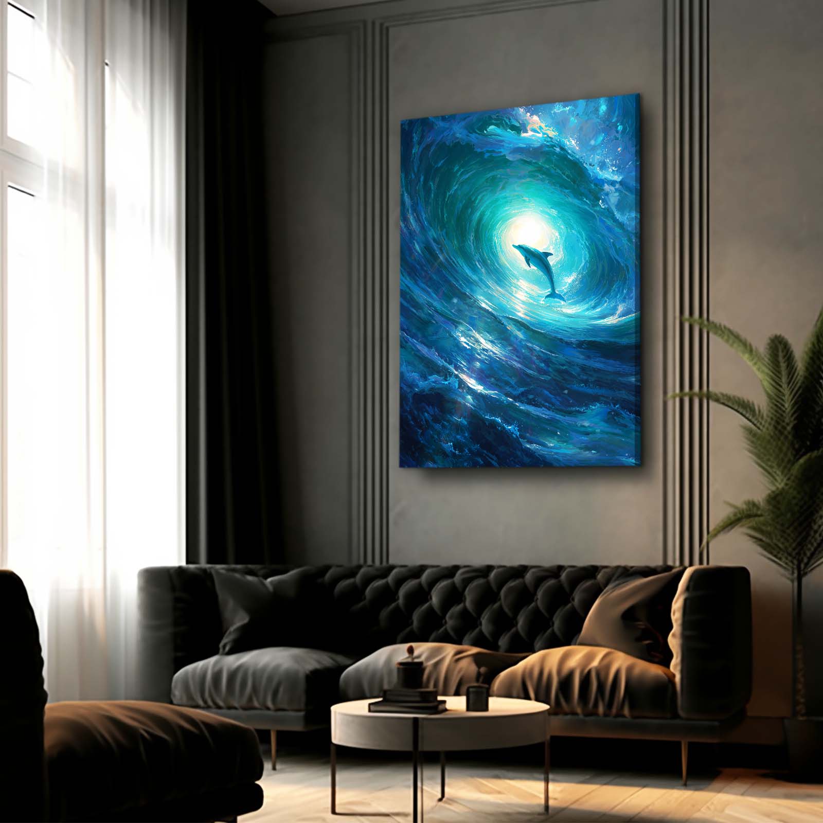 Wave Barrel Dolphin Art – styled in a furnished interior
