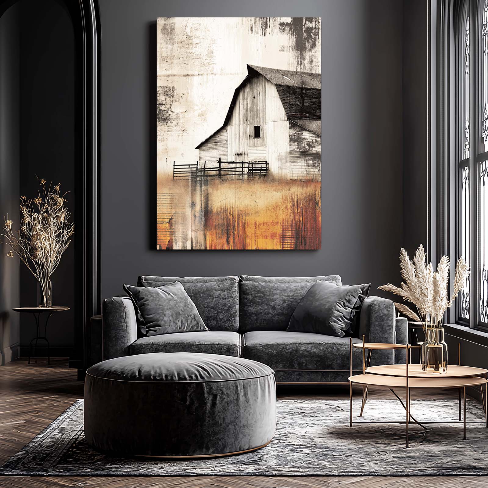 Weathered Barn Farmhouse Art – styled in a furnished interior