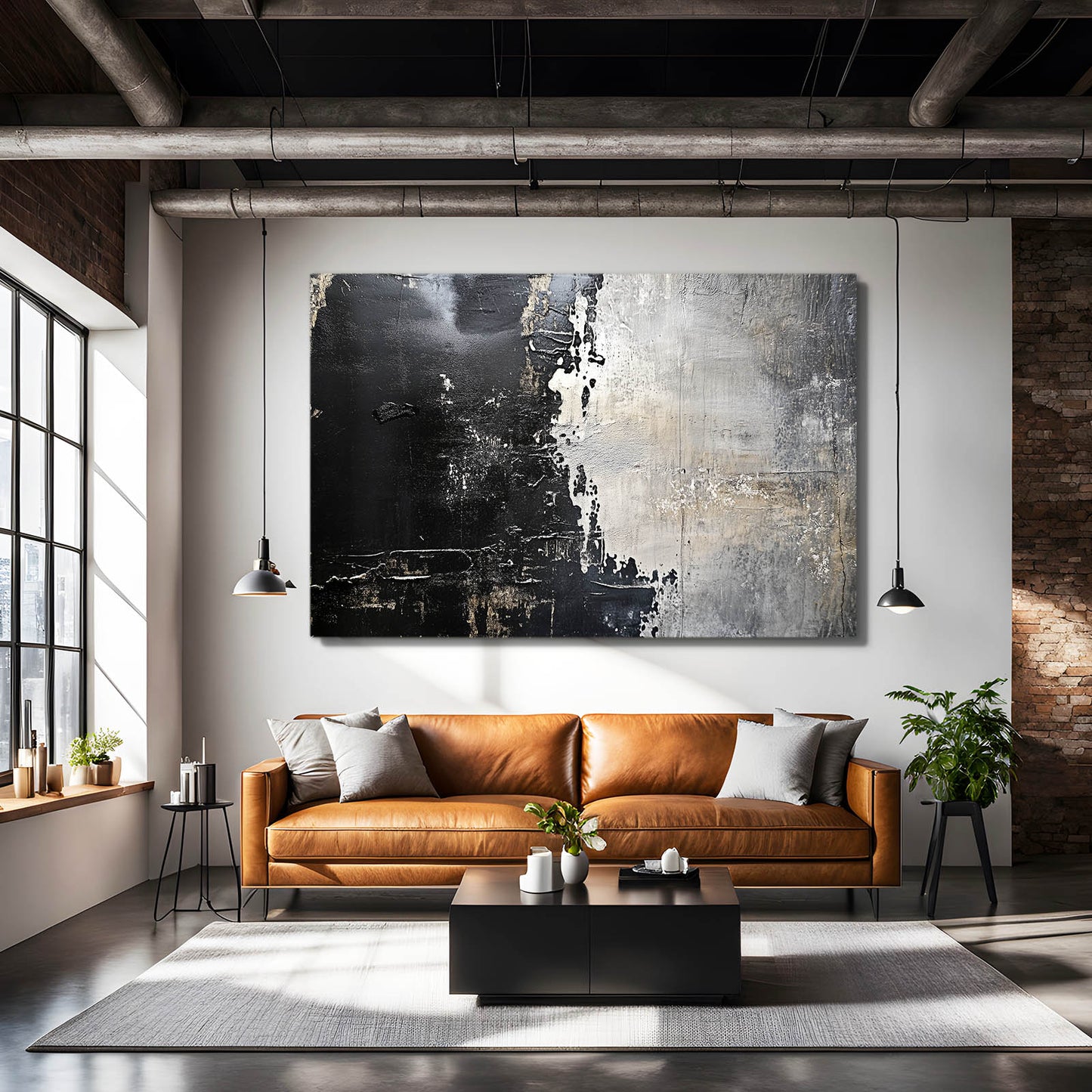Weathered Black Plaster Abstract Prints – styled in a furnished interior