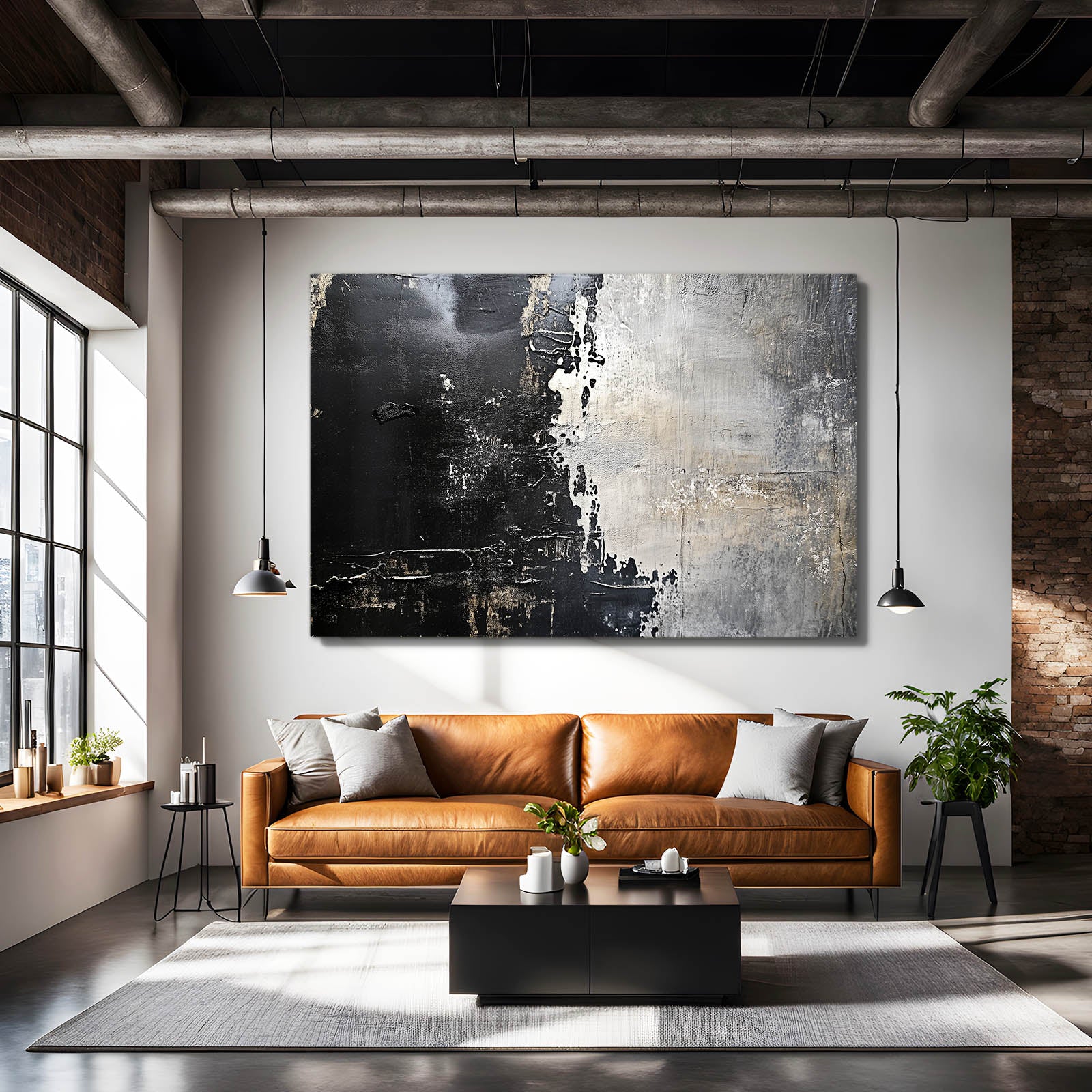 Weathered Black Plaster Abstract Prints – styled in a furnished interior
