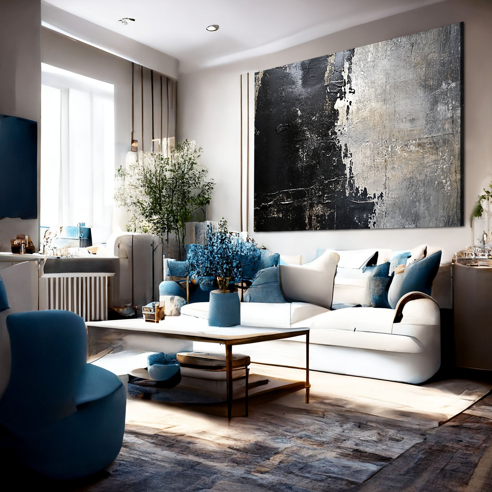 Weathered Black Plaster Abstract Prints – styled in a furnished interior