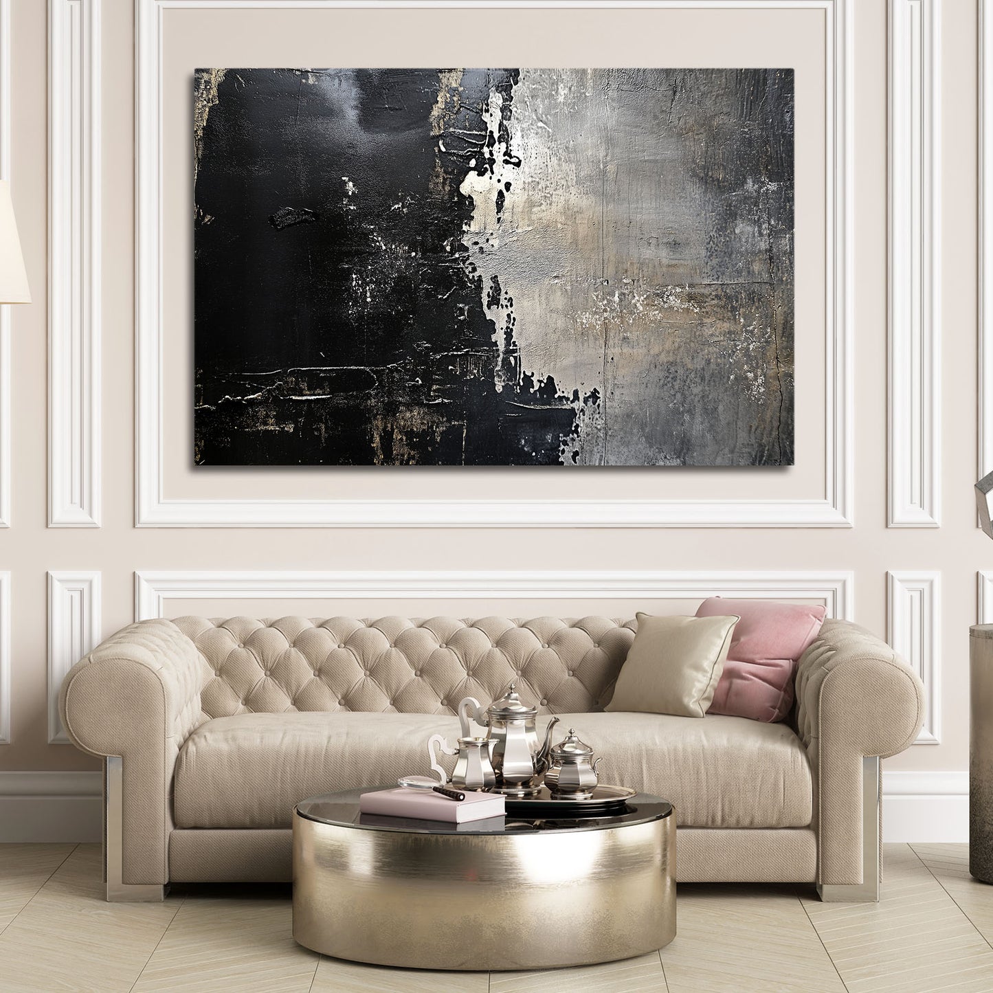 Weathered Black Plaster Abstract Prints – styled in a furnished interior